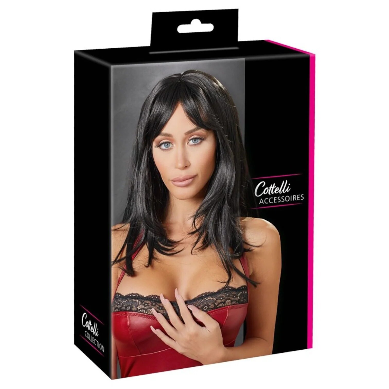 COTTELLI Perucă sexy Accessoires pentru jocuri erotice și costume roleplay păr lung în scări cu breton culoarea negru