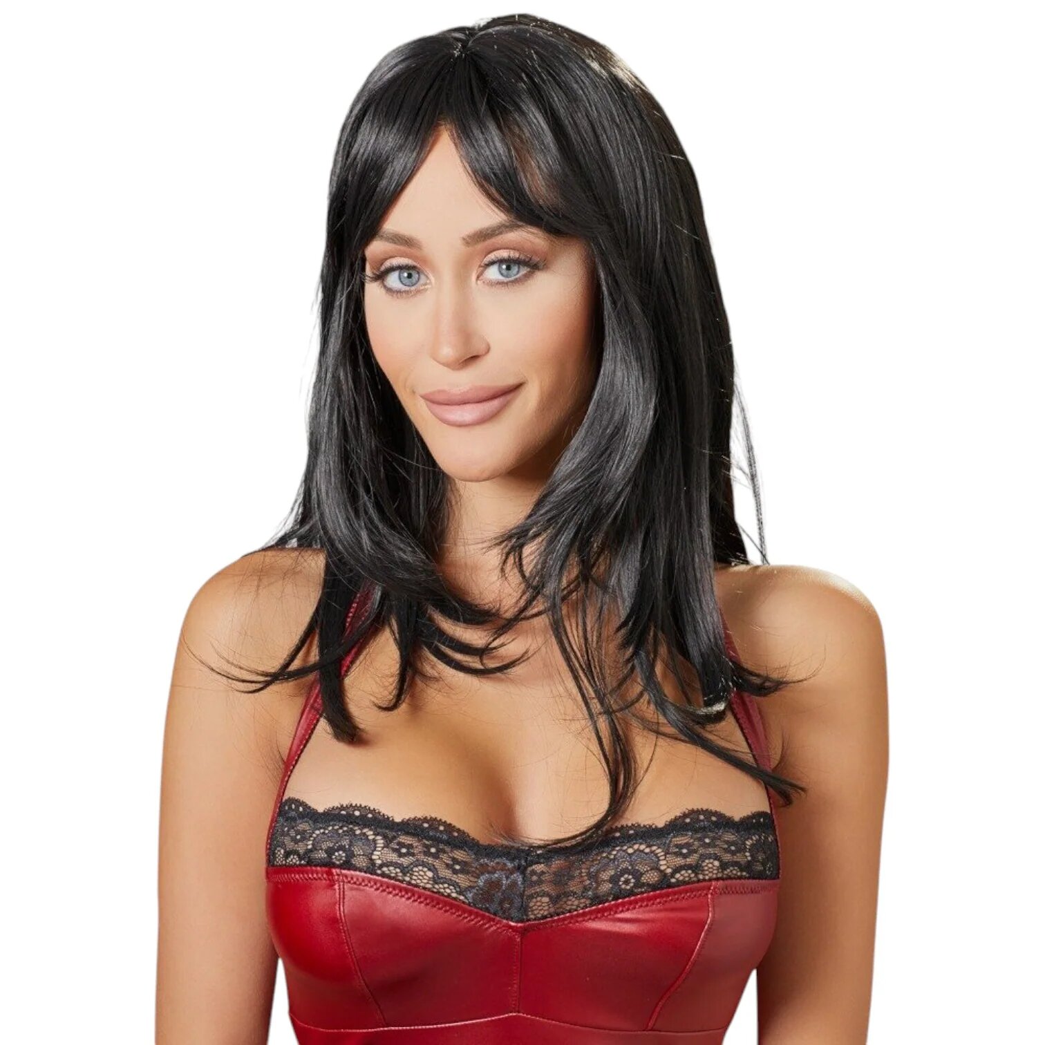 COTTELLI Perucă sexy Accessoires pentru jocuri erotice și costume roleplay păr lung în scări cu breton culoarea negru