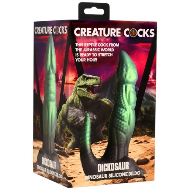 CREATURE COCKS Dildo dinozaur Dickosaur pentru jocuri de fantezie bază cu ventuză lungime 18.5 cm culoare verde