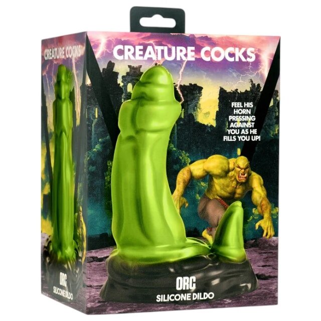 CREATURE COCKS Dildo orc ORC design cu corn pentru jocuri de fantezie bază cu ventuză lungime 17.8 cm verde