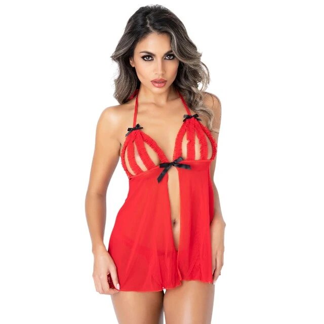 DARING INTIMATES Lenjerie sexy 2 piese Peak-A-Boo Ruffle babydoll cu decupaje și chilot tanga roșu mărime L/XL model 75124 (75124L)