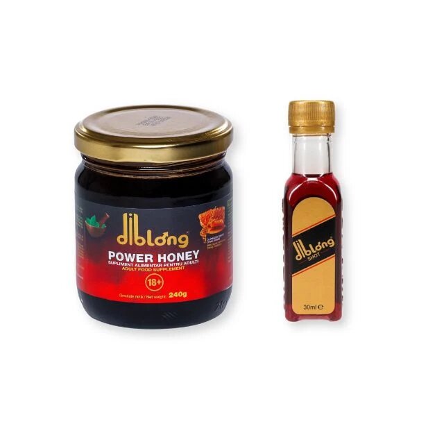Diblong Pachet pentru cupluri: Supliment alimentar cu miere Power Honey 240g 1 buc + Supliment alimentar Energy Shot 1 buc