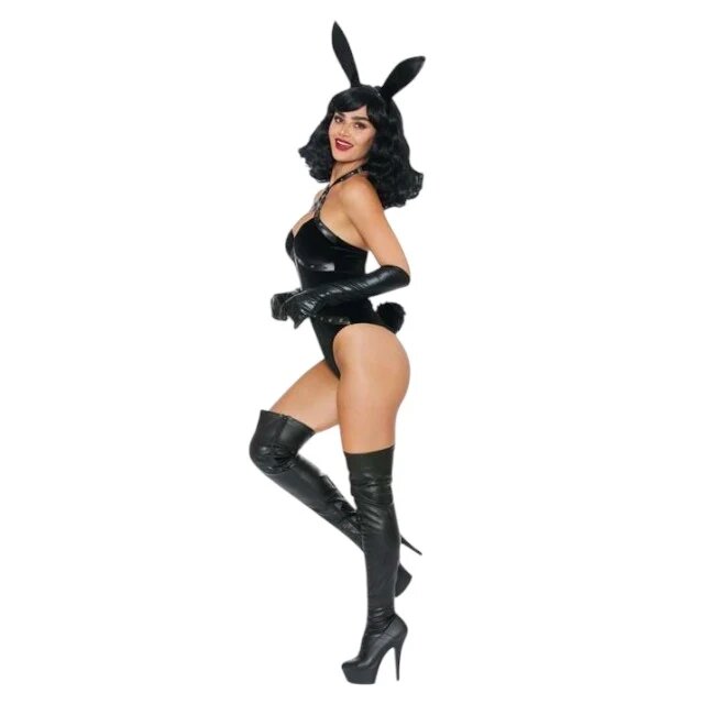 DREAMGIRL Lenjerie sexy 3 piese Bad Girl Bunny cu urechi de iepuraș și body cu ham din piele artificială culoarea negru mărimea L