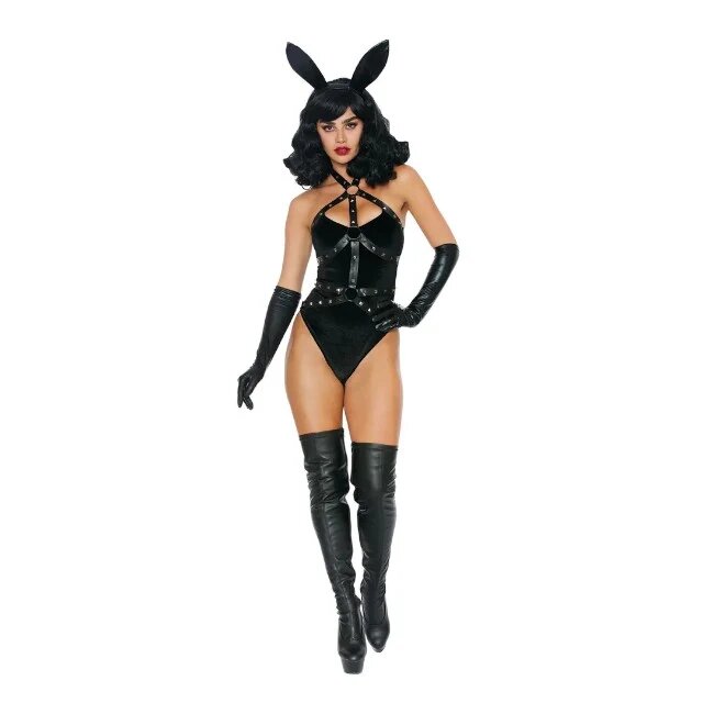 DREAMGIRL Lenjerie sexy 3 piese Bad Girl Bunny cu urechi de iepuraș și body cu ham din piele artificială culoarea negru mărimea S