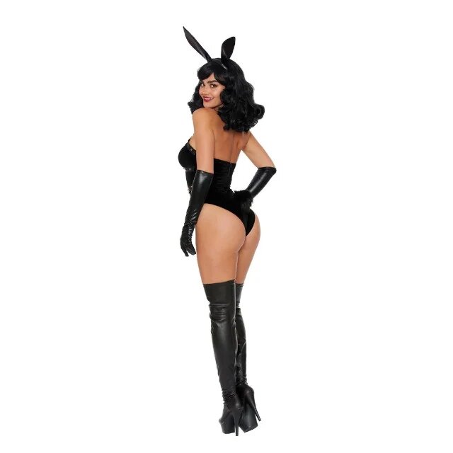DREAMGIRL Lenjerie sexy 3 piese Bad Girl Bunny cu urechi de iepuraș și body cu ham din piele artificială culoarea negru mărimea S