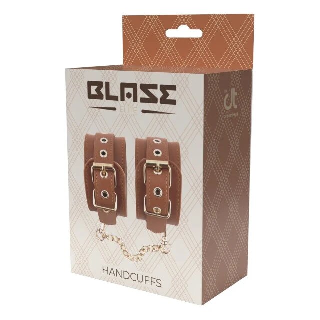 DREAM toys Cătușe Blaze Elite Handcuffs pentru jocuri erotice din piele ecologică cu lanț auriu culoare maro coniac