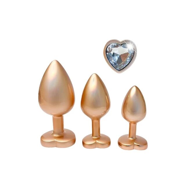 DREAM toys Set plug anal Pearl Gold Plug 3 dopuri de dimensiuni progresive 7.1 cm - 9.5 cm cu baze în formă de inimă auriu