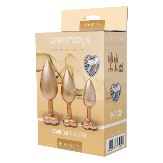 DREAM toys Set plug anal Pearl Gold Plug 3 dopuri de dimensiuni progresive 7.1 cm - 9.5 cm cu baze în formă de inimă auriu