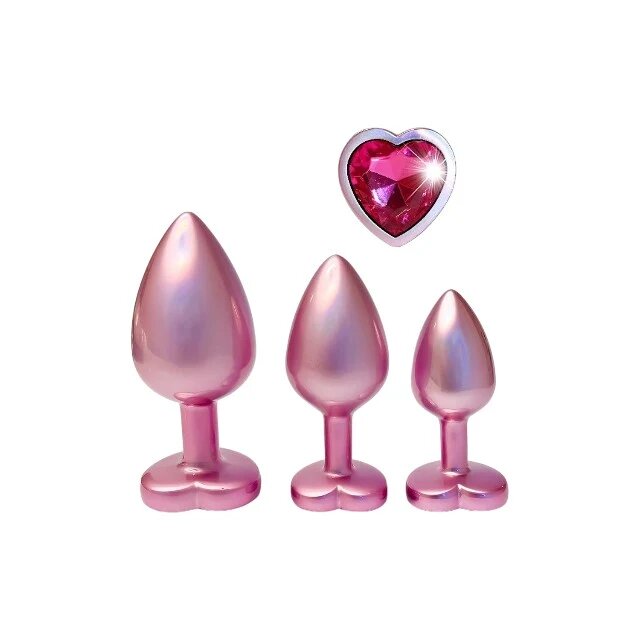 DREAM toys Set plug anal Pearl Pink Plug 3 dopuri de dimensiuni progresive 7.1 cm - 9.5 cm cu baze în formă de inimă roz