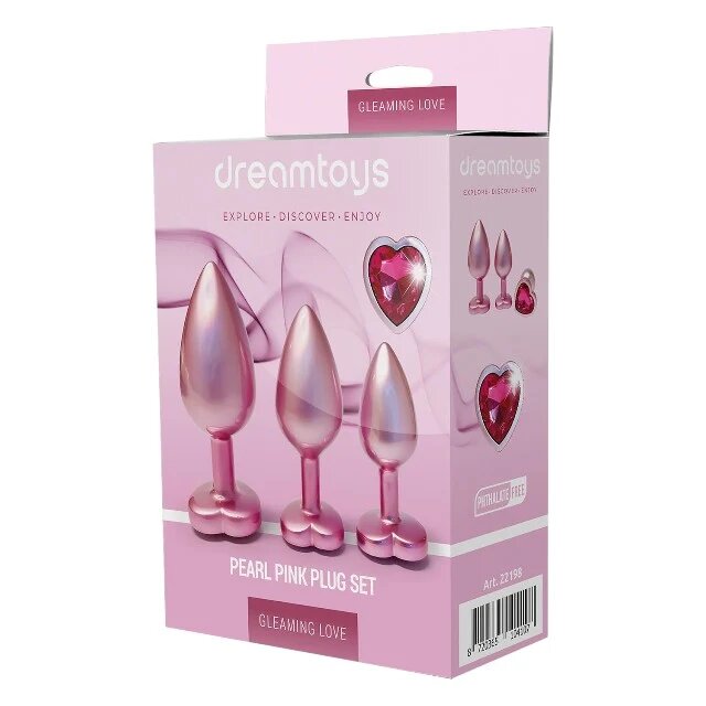 DREAM toys Set plug anal Pearl Pink Plug 3 dopuri de dimensiuni progresive 7.1 cm - 9.5 cm cu baze în formă de inimă roz