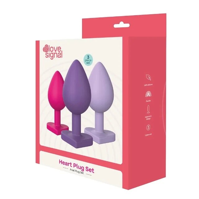 DREAM toys Set plug anal Triple Heart Love Signal 3 dopuri de dimensiuni progresive diametru 3/3.5/4 cm bază în forma de inimă multicolore