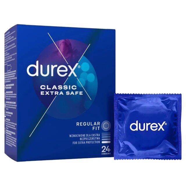 DUREX Prezervative clasice Classic Extra Safe lubrifiate si rezistente 56 mm 1 cutie x 24 buc
