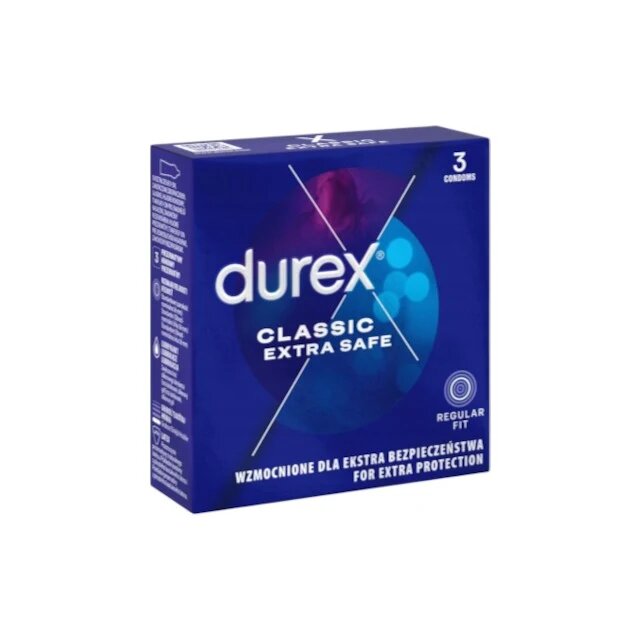 DUREX Prezervative clasice Classic Extra Safe lubrifiate și rezistente 56 mm 1 cutie x 3 buc