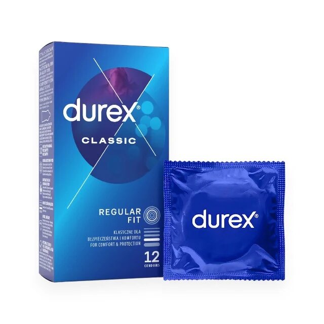 DUREX Prezervative Classic Regular Fit din latex lubrifiate și rezistente diametru 56 mm 1 cutie x 12 buc