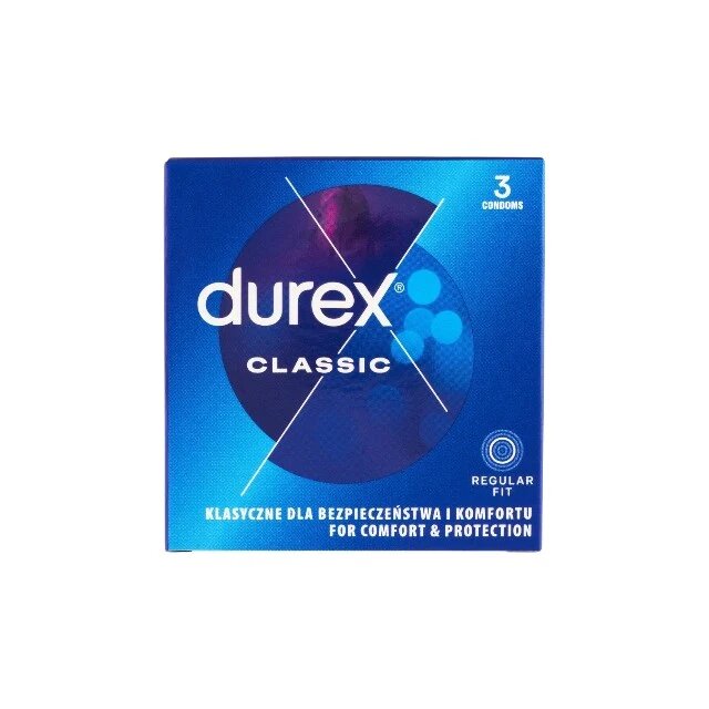 DUREX Prezervative Classic Regular Fit din latex lubrifiate și rezistente diametru 56 mm 1 cutie x 3 buc