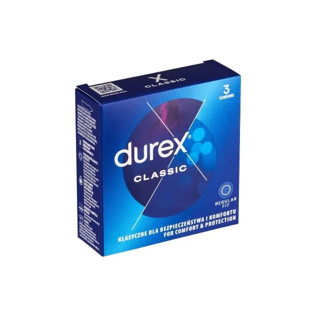 DUREX Prezervative Classic Regular Fit din latex lubrifiate și rezistente diametru 56 mm 1 cutie x 3 buc
