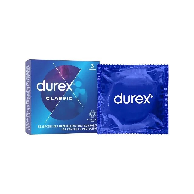 DUREX Prezervative Classic Regular Fit din latex lubrifiate și rezistente diametru 56 mm 1 cutie x 3 buc