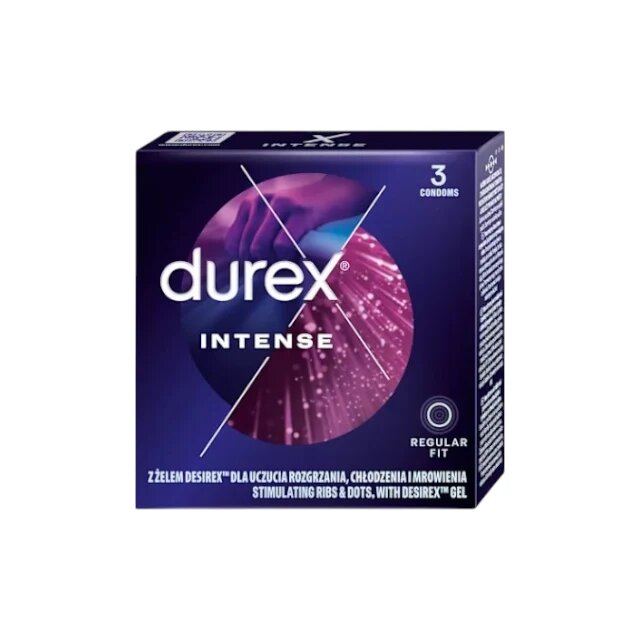 DUREX Prezervative cu striații Intense cu efect de stimulare clitoridiană și intensificare orgasm feminin 56 mm 1 cutie x 3 buc