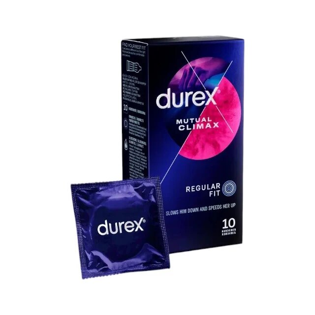 DUREX Prezervative cu striatii Mutual Climax regular fit cu efect de stimulare clitoridiana si intarziere ejaculare 56 mm 1 cutie x 10 buc