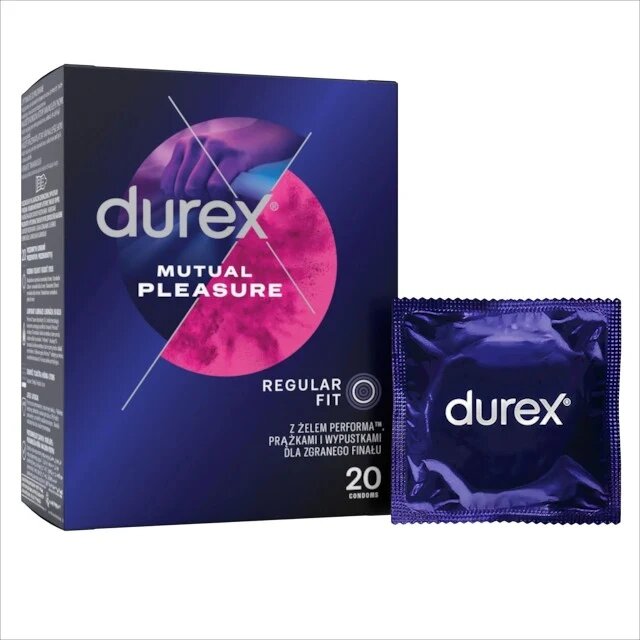 DUREX Prezervative cu striații Mutual Pleasure regular fit cu efect de stimulare clitoridiană și întârziere ejaculare 56 mm 1 cutie x 20 buc