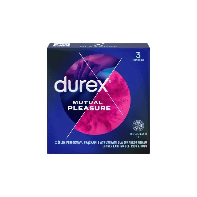 DUREX Prezervative cu striații Mutual Pleasure regular fit cu efect de stimulare clitoridiană și întârziere ejaculare 56 mm 1 cutie x 3 buc