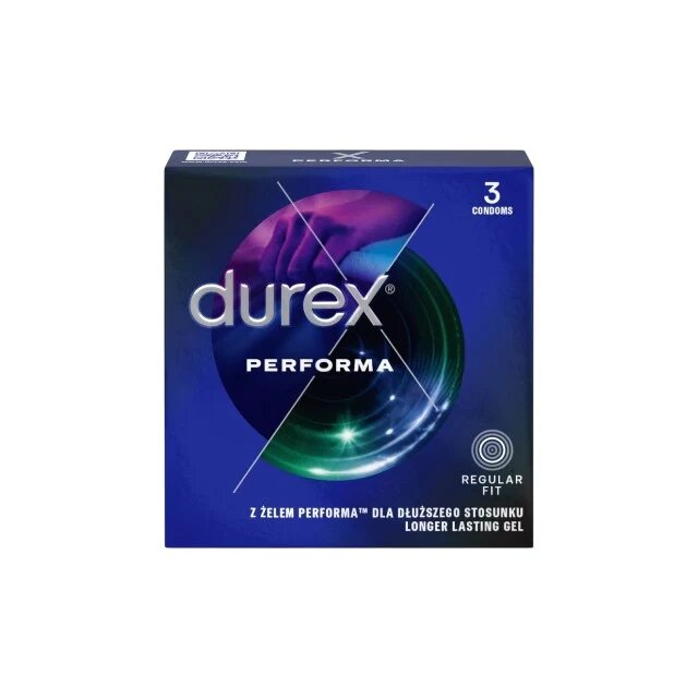 DUREX Prezervative Performa Regular Fit din latex efect de întârziere ejaculare 56 mm 1 cutie x 3 buc