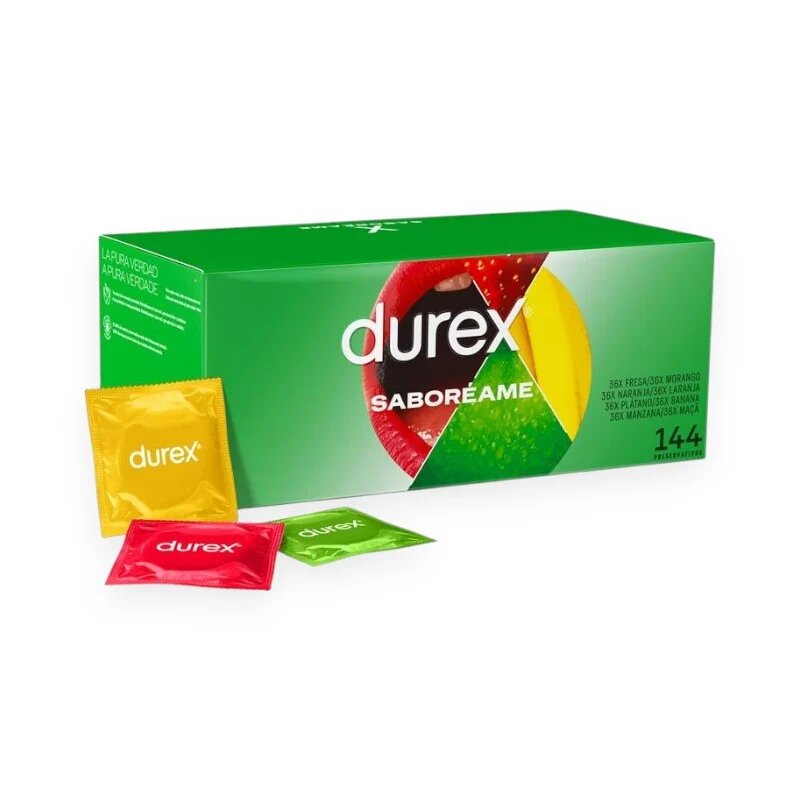 DUREX Prezervative Saboreame din latex set cu 4 tipuri de aromă: banană măr portocală și căpșuni diametru 53 mm 144 buc