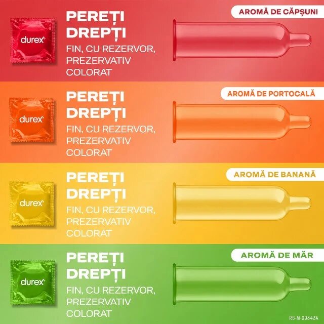 DUREX Prezervative Saboreame din latex set cu 4 tipuri de aromă: banană măr portocală și căpșuni diametru 53 mm 144 buc