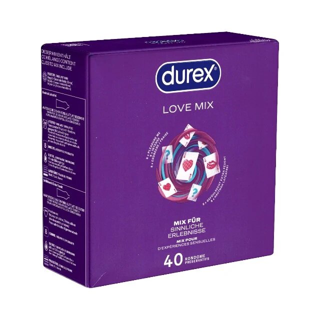 DUREX Set prezervative Love Mix diverse sortimente extra subțiri aromate texturate și extra lubrifiate din latex diametru 56 ± 2 mm 40 buc