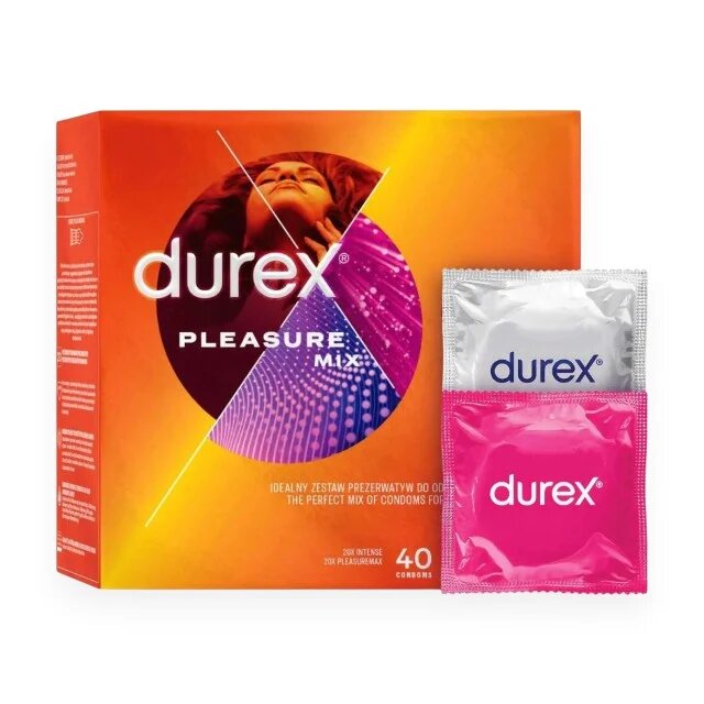 DUREX Set prezervative Pleasure Mix diverse sortimente stimulatoare din latex diametru 56 ± 2 mm 40 buc