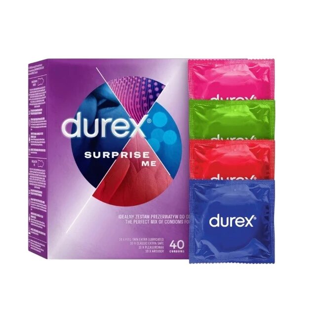 DUREX Set prezervative Surprise Me diverse sortimente extra subțiri groase cu nervuri și puncte din latex diametru 53/56 40 buc