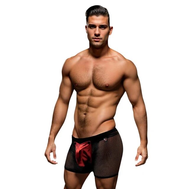 ENVY Chilot sexy - Snap Down Mesh Boxer Brief negru/roșu S/M