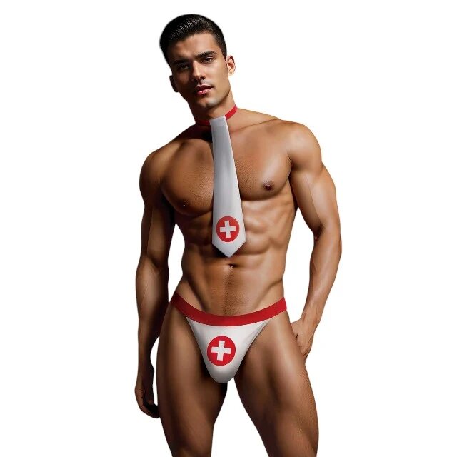 ENVY Costum sexy asistent MENSWEAR Nurse Kit cravată și chilot tanga cu design medical mărime M/L culoare alb și roșu