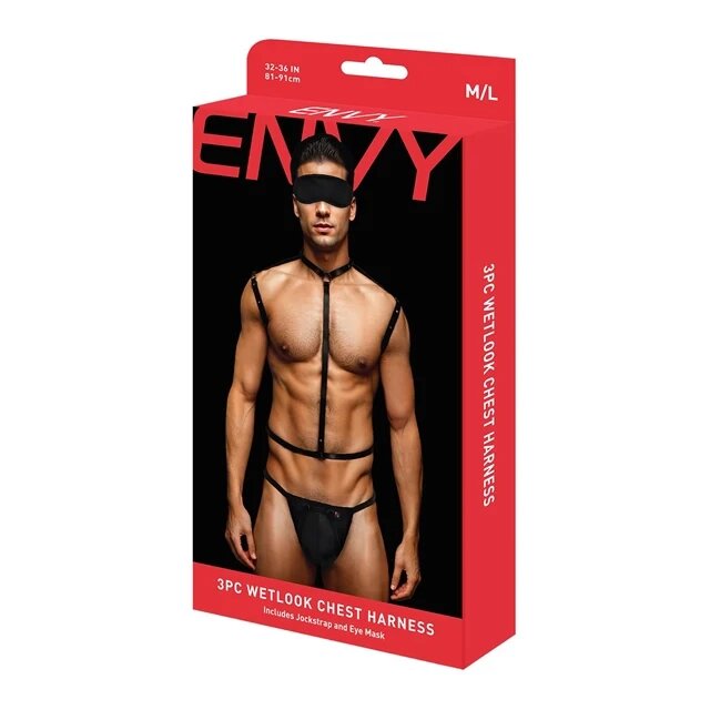 ENVY Set lenjerie pentru barbati - Wetlook Chest Harness 3 piese negru M/L