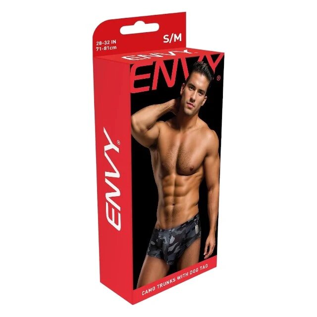 ENVY Slip de înot bărbați Camo Trunks with Dog Tag design camuflaj cu colier de soldat gri închis și negru mărime L/XL