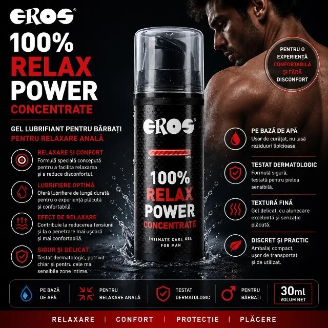 Eros Gel lubrifiant pentru bărbați 100% Relax Power Concentrate MEN pentru relaxare anală testat dermatologic pe bază de apă 30 ml