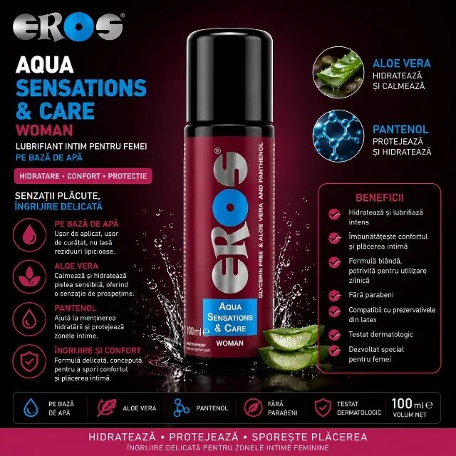 Eros Lubrifiant Aqua Sensation & Care Woman pentru femei pe bază de apă fără parabeni cu Aloe Vera și Pantenol 100 ml