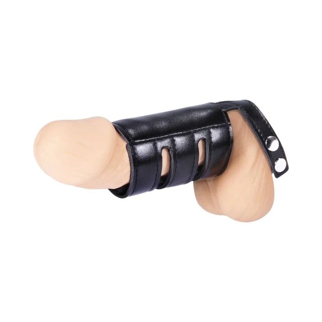 EXCELLENT POWER Ham pentru penis MEN’S EXPERT Cock Strap with Sheath ajustabil pentru jocuri erotice BDSM negru cu argintiu