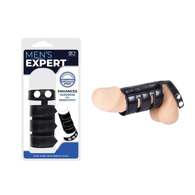 EXCELLENT POWER Ham pentru penis MEN’S EXPERT Cock Strap with Sheath ajustabil pentru jocuri erotice BDSM negru cu argintiu