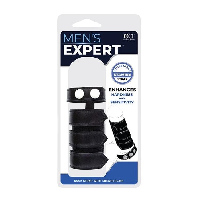 EXCELLENT POWER Ham pentru penis MEN’S EXPERT Cock Strap with Sheath ajustabil pentru jocuri erotice BDSM negru cu argintiu
