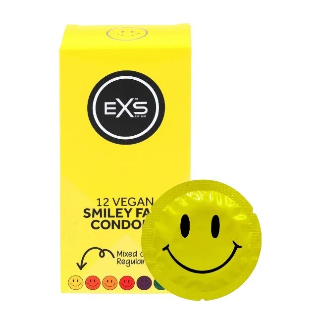 EXS Prezervative Smiley Face Condoms design multicolor cu zâmbet din latex diametru 54 mm 12 bucăți