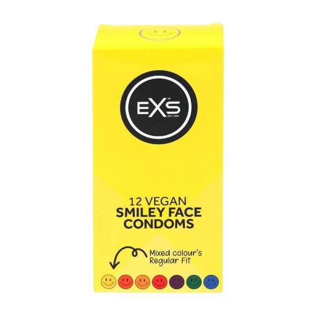 EXS Prezervative Smiley Face Condoms design multicolor cu zâmbet din latex diametru 54 mm 12 bucăți