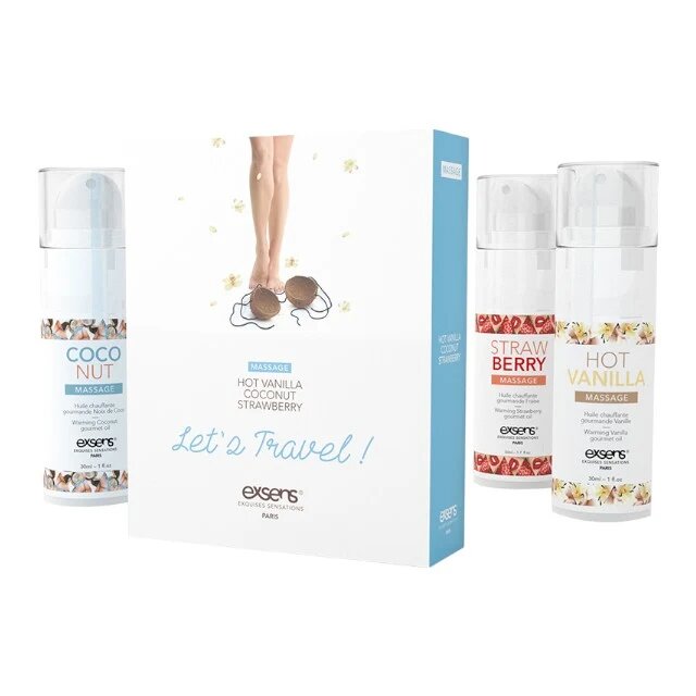 EXSENS Set 3 uleiuri de masaj Let’s Travel cu efect de încălzire arome de căpșuni cocos și vanilie 3 x 30 ml