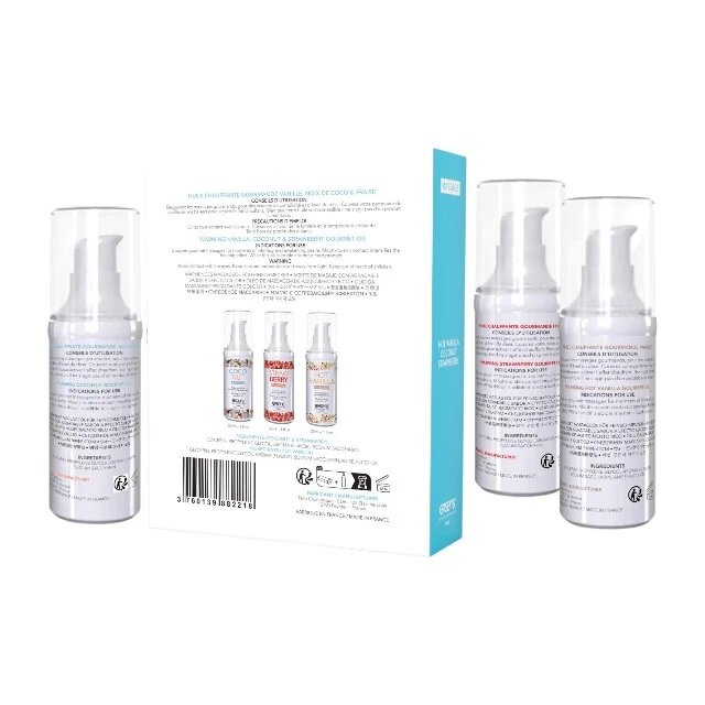 EXSENS Set 3 uleiuri de masaj Let’s Travel cu efect de încălzire arome de căpșuni cocos și vanilie 3 x 30 ml