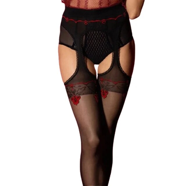FIORE Dresuri sexy HOSIERY Amour Rouge Suspender Pantyhose cu bretele și margini dantelate grosime 20 den negru cu roșu mărime 2