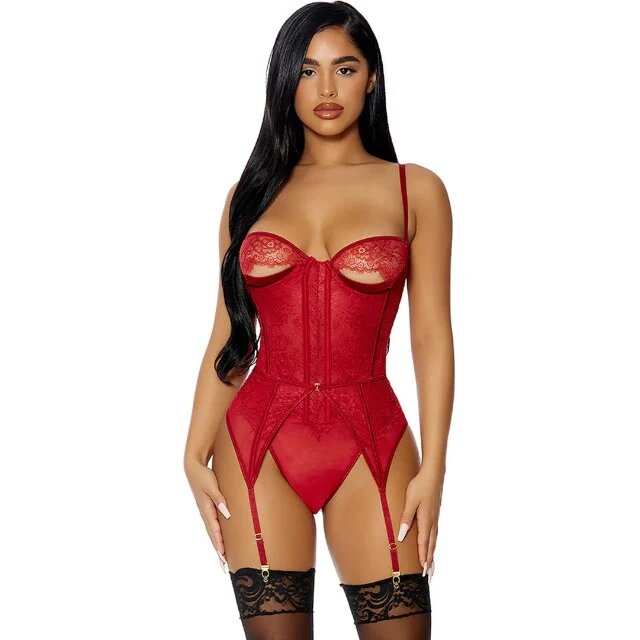 Forplay Lenjerie sexy 2 piese Peek Show Teddy Set body erotic cu dantelă și decupaje + portjartier roșu mărime S