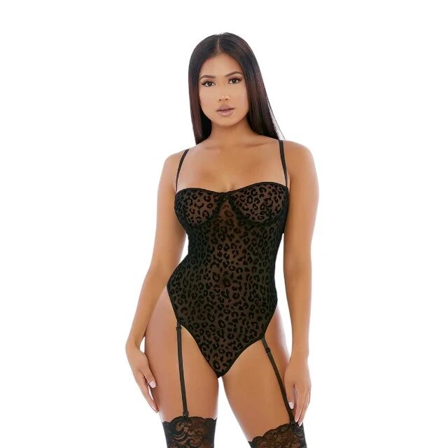 Forplay Lenjerie sexy Feline Sexy Teddy body erotic din plasă cu portjartier design cu animal print leopard mărime M