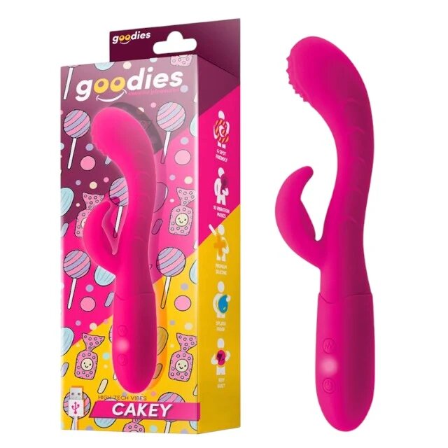 GOODIES Vibrator rabbit Sweetie Pleasures CAKEY cu stimulator dublu din silicon premium 10 funcții de vibrație roz fuchsia