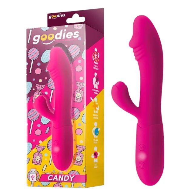GOODIES Vibrator rabbit Sweetie Pleasures CANDY cu stimulator dublu din silicon premium 10 funcții de vibrație roz fuchsia