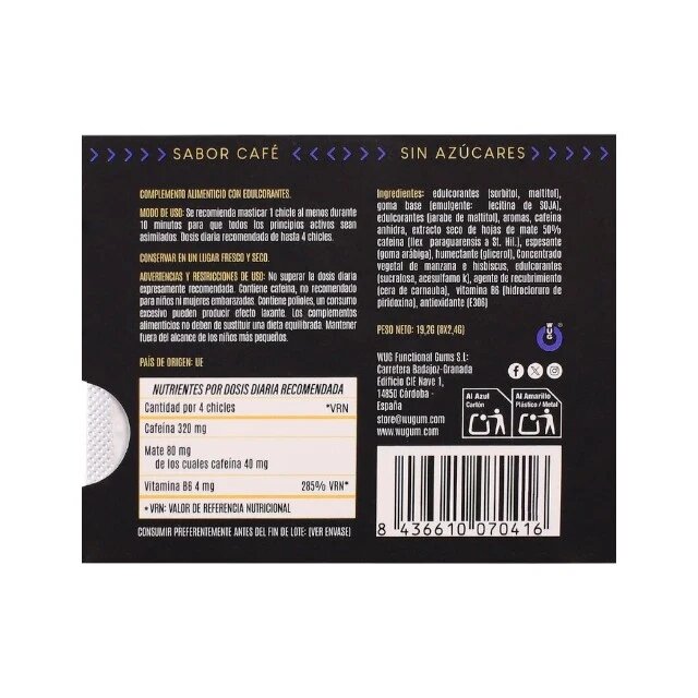  Gumă de mestecat WUG Power Up poate ajuta la reducerea oboselii și la reglarea activității hormonale cu cafeină vitamina B6 aromă de cafea fără gluten 8 buc